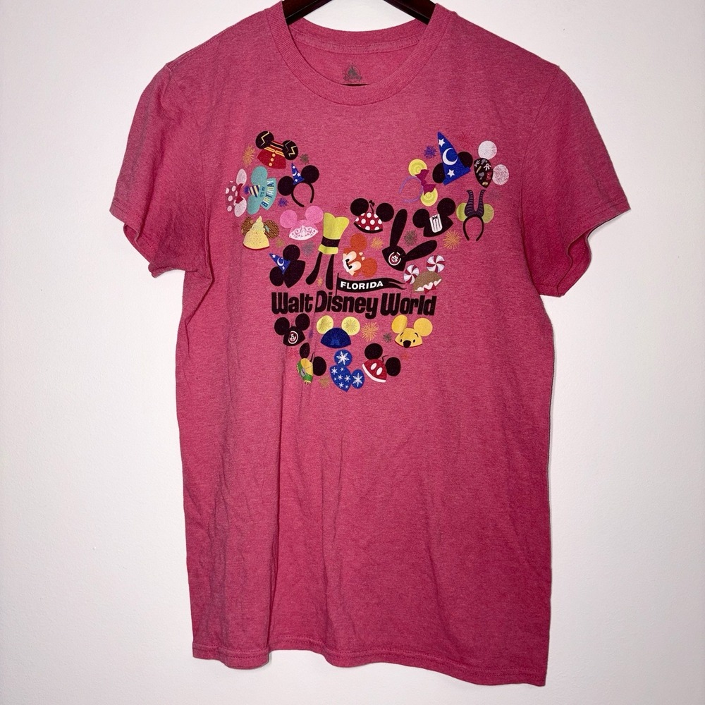 Walt Disney World Ear Hat Collage Mickey Mouse Adult T-Shirt in Red Size Small